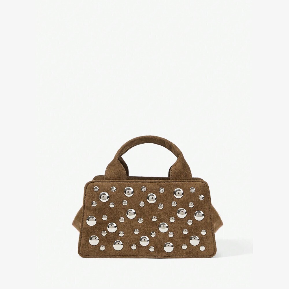 Brown Faux Suede Silver Studded Trapezoid Top Handle Bag